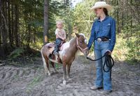 Miniature horse with baby riding